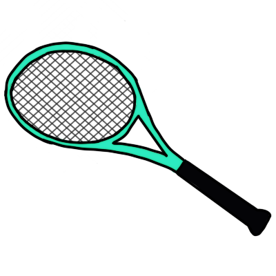a tennis racquet with grey mesh, a black handle, and an aqua frame.